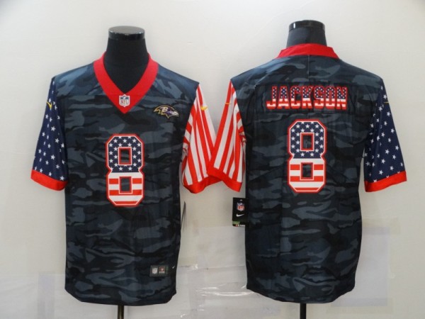 Men's Baltimore Ravens #8 Lamar Jackson 2020 Camo USA Flag Limited Jersey