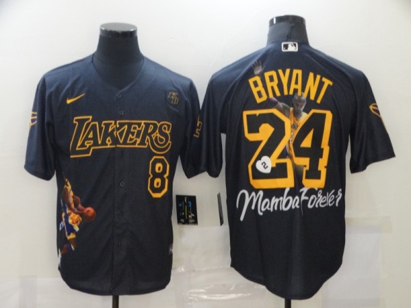 Los Angeles Lakers Front #8 Back #24 Kobe Bryant Black With KB Patch Baseball Jersey