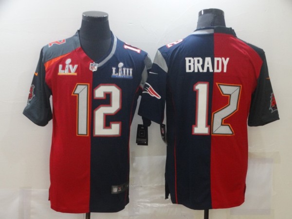 Men's Buccaneers/Patriots  #12 Tom Brady Red Blue Split 2021 Super Bowl Limited Jersey