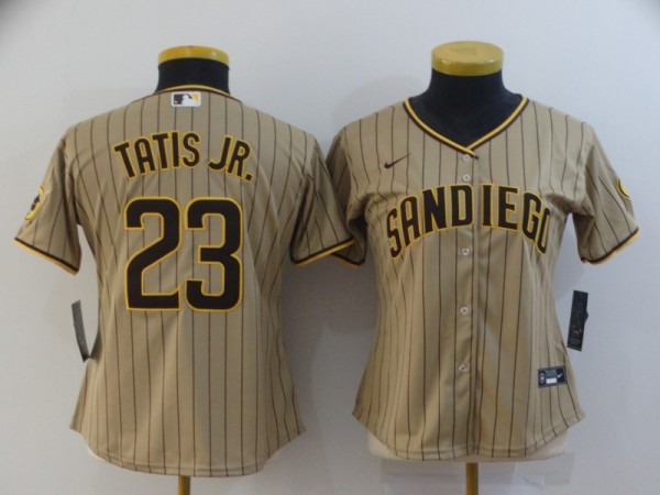 Women MLB San Diego Padres #23 Fernando Tatis Jr. Brown Strip With Patch Game Nike Jersey