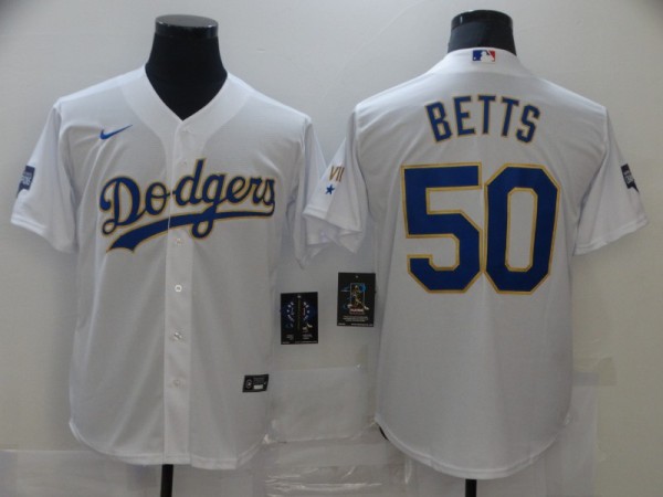 MLB Los Angeles Dodgers #50 Mookie Betts White Gold Game Nike Jersey