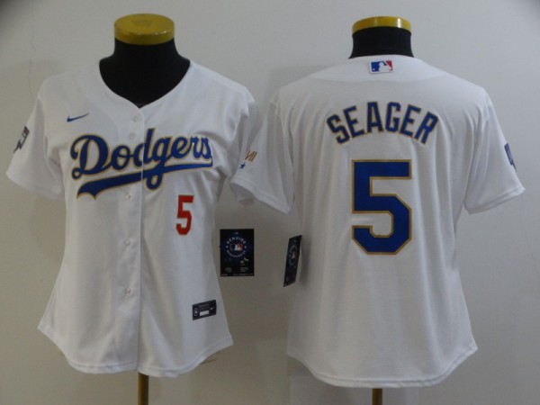 Women MLB Los Angeles Dodgers #5 Corey Seager White Gold Game Nike Jersey