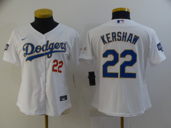 Women MLB Los Angeles Dodgers #22 Clayton Kershaw White Gold Game Nike Jersey