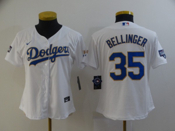 Women MLB Los Angeles Dodgers #35 Cody Bellinger White Gold Game Nike Jersey