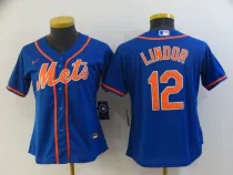 Women MLB New York Mets #12 Lindor Blue Game Nike Jersey