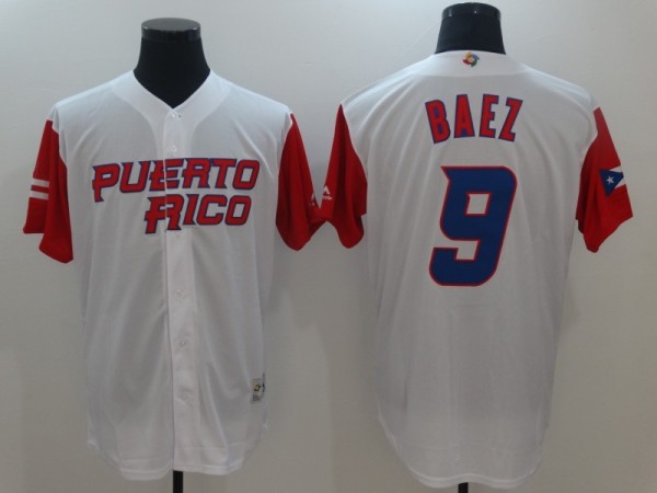 Men's Puerto Rico Baseball #9 Javier Baez Majestic White 2017 World Baseball Classic Jersey