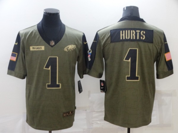 Men's Philadelphia Eagles #1 Hurts 2021 Olive Salute To Service Limited Jersey