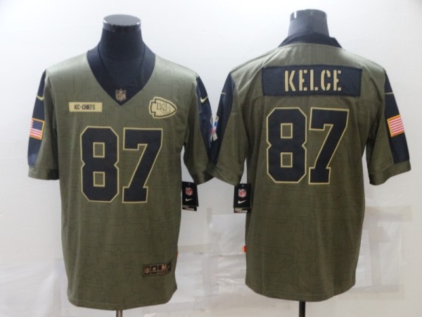 Men's Kansas City Chiefs #87 Travis Kelce 2021 Olive Salute To Service Limited Jersey