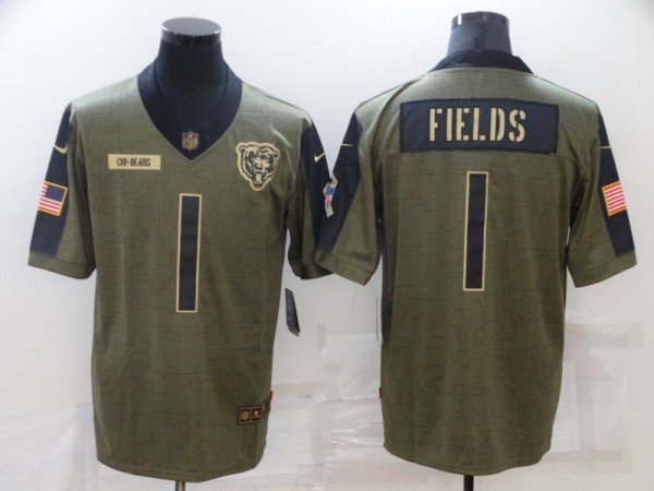 Men's Chicago Bears #1 Justin Fields 2021 Olive Salute To Service Limited Jersey