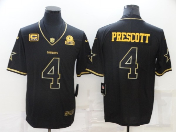 Men's Dallas Cowboys #4 Dak Prescott Black Golden With C Patch Edition Limited Jersey