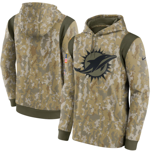 Men's Miami Dolphins Camo 2021 Salute To Service Therma Performance Pullover Hoodie