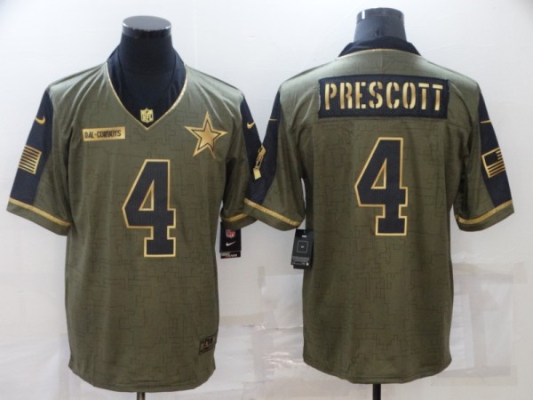 Men's Dallas Cowboys #4 Dak Prescott 2021 Olive Salute To Service Golden Limited Jersey