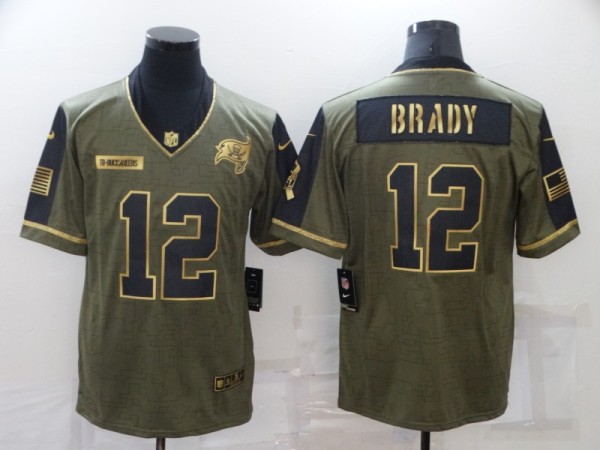 Men's Tampa Bay Buccaneers #12 Tom Brady 2021 Olive Salute To Service Golden Limited Jersey