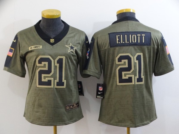 Women Dallas Cowboys #21 Ezekiel Elliott 2021 Olive Salute To Service Limited Jersey