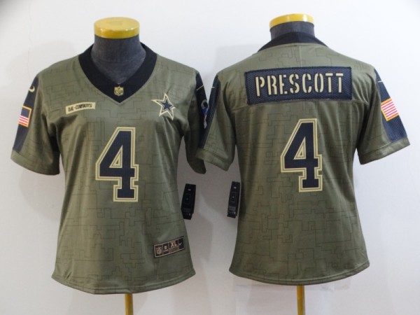 Women Dallas Cowboys #4 Dak Prescott 2021 Olive Salute To Service Limited Jersey