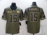 Men's Kansas City Chiefs #15 Patrick Mahomes 2021 Olive Salute To Service Golden Limited Jersey