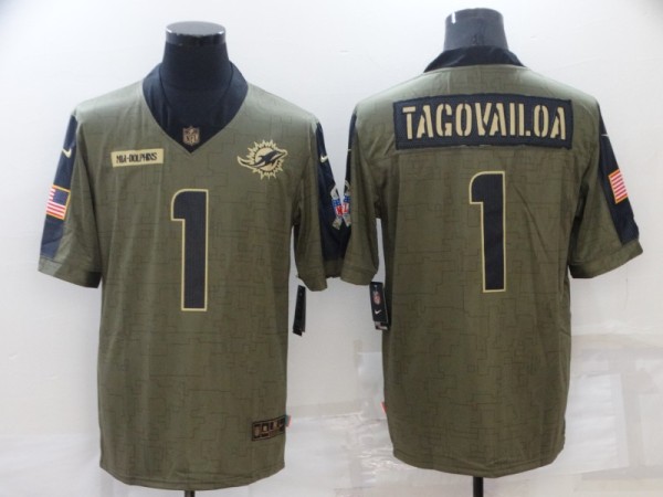 Men's Miami Dolphins #1 Tua Tagovailoa 2021 Olive Camo Salute To Service Limited Jersey