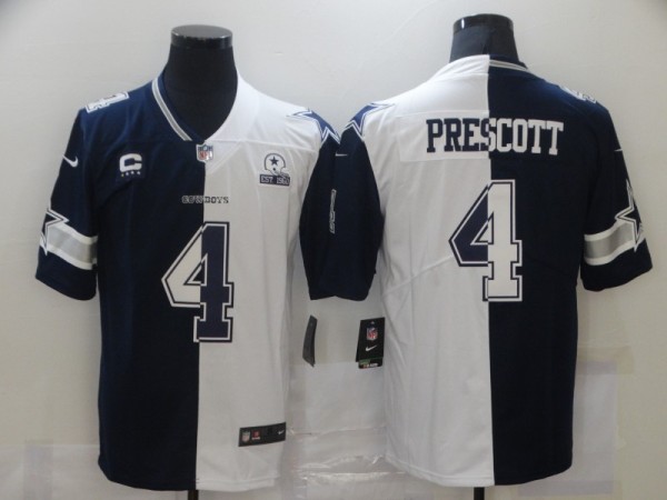 Men's Dallas Cowboys #4 Dak Prescott Navy White Split With C Patch And 1960 Patch Limited Jersey