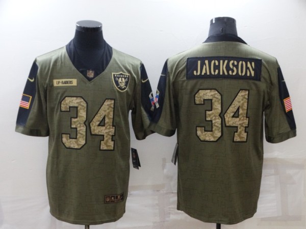 Men's Las Vegas Raiders #34 Bo Jackson 2021 Olive Camo Salute To Service Limited Jersey