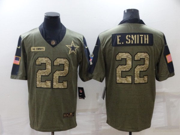 Men's Dallas Cowboys #22 E.Smith 2021 Olive Camo Salute To Service Limited Jersey