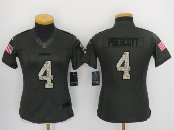 Women Nike Dallas Cowboys #4 Prescott Olive Camo Carson Salute to Serive Jersey