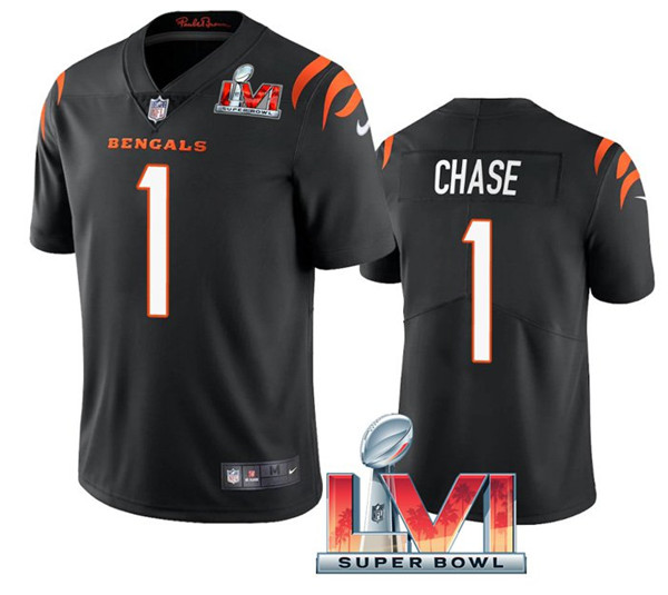 Men's Cincinnati Bengals #1 Ja'Marr Chase Black 2022 Super Bowl LVI Vapor Limited Jersey