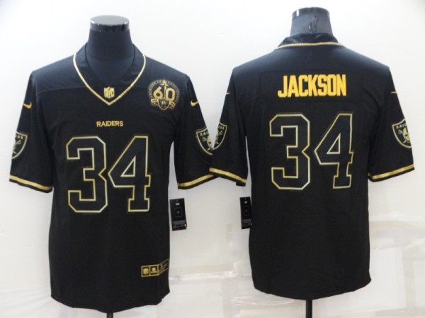 Men's Las Vegas Raiders #34 Bo Jackson Black/Gold With 60th Anniversary Patch Vapor Limited Jersey