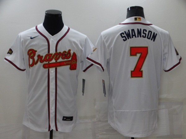 MLB Atlanta Braves#7 Dansby Swanson 2022 White/Gold World Series Champions Program Flex Elite Jersey