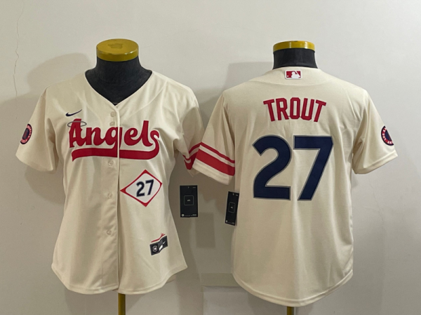 Women MLB Los Angeles Angels #27 Mike Trout Cream 2022 City Connect Jersey