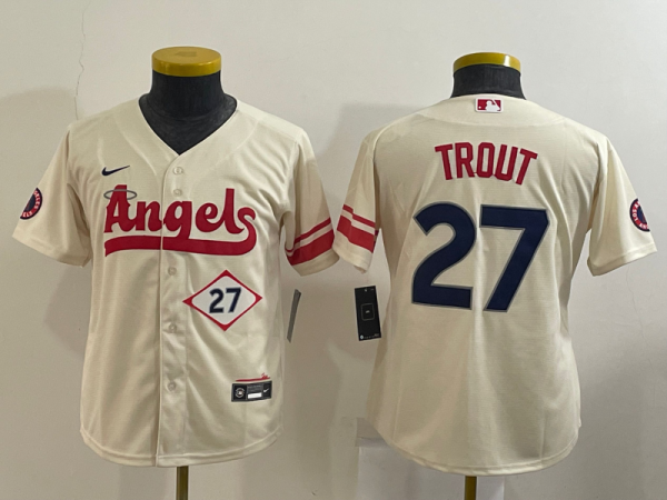 Women MLB Los Angeles Angels #27 Mike Trout Cream 2022 City Connect Jersey