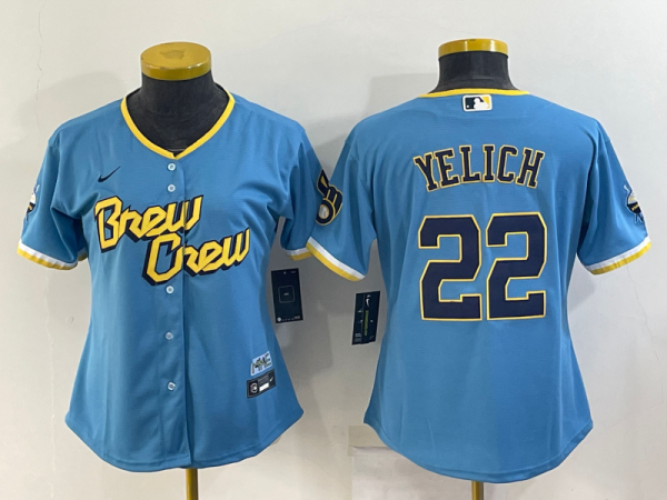 Women MLB Milwaukee Brewers #22 Christian Yelich 2022 Powder Blue City Connect Jersey