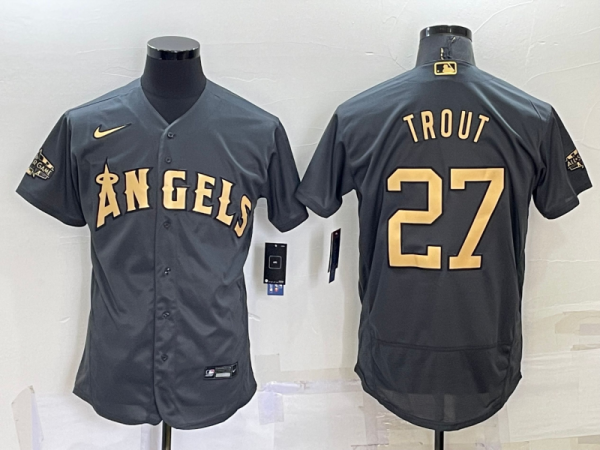 MLB Los Angeles Angels #27 Mike Trout Charcoal 2022 All-Star Grey Flex Base Elite Jersey