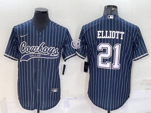 Men's Dallas Cowboys #21 Ezekiel Elliott Navy With Patch Baseball Jersey