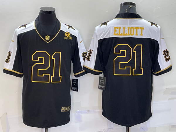 Men's Dallas Cowboys #21 Ezekiel Elliott Black Gold Thanksgiving With Patch Jersey