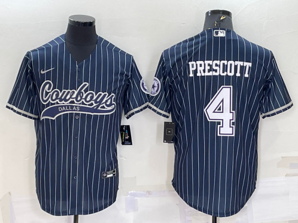 Men's Dallas Cowboys #4 Dak Prescott Navy With Patch Baseball Jersey