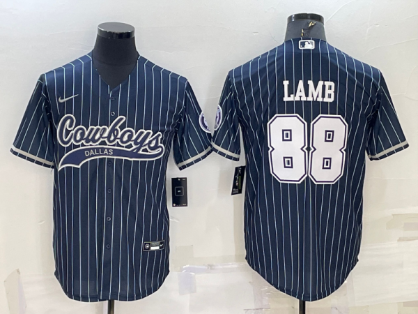 Men's Dallas Cowboys #88 CeeDee Lamb Navy With Patch Baseball Jersey