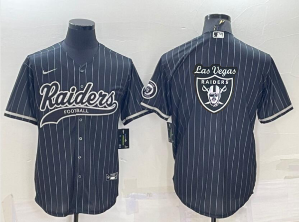 Men's Las Vegas Raiders Black/White Strips Team Big Logo With Patch Baseball Nike Jersey