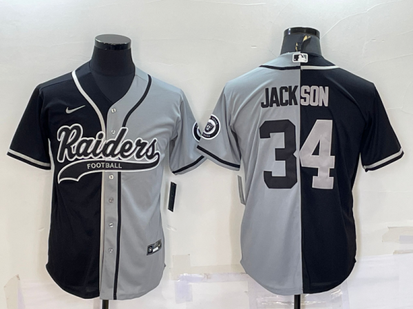 Men's Las Vegas Raiders #34 Bo Jackson Black/Grey Split With Patch Nike Jersey