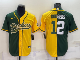 Men's Green Bay Packers #12 Aaron Rodgers Green/Yellow Split With Patch Nike Jersey