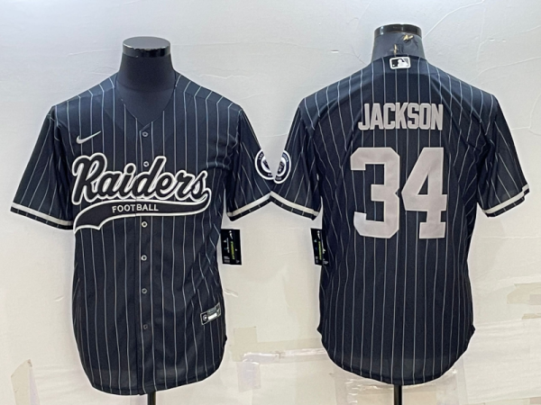 Men's Las Vegas Raiders #34 Bo Jackson Black With Patch Baseball Jersey