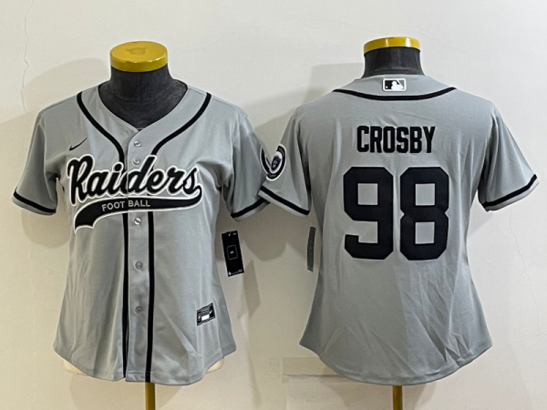 Women Las Vegas Raiders #98 Maxx Crosby Grey Baseball Jersey