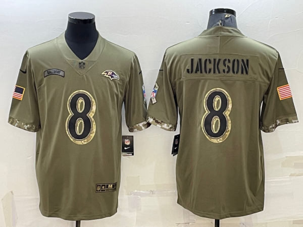 Men's Baltimore Ravens #8 Lamar Jackson 2022 Olive Salute To Service Limited Jersey