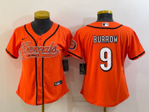 Women Cincinnati Bengals #9 Joe Burrow Orange Baseball Nike Jersey