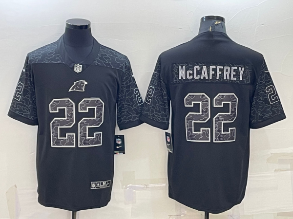 Men's Carolina Panthers #22 Christian McCaffrey Black Reflective Limited Jersey