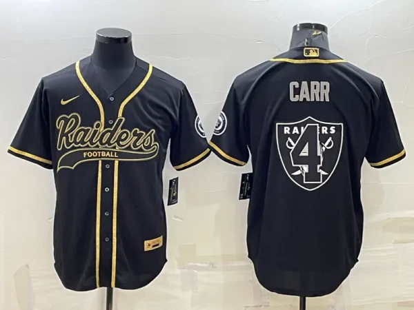 Men's Las Vegas Raiders #4 Derek Carr  Black Gold Team Big Logo With Patch Jersey