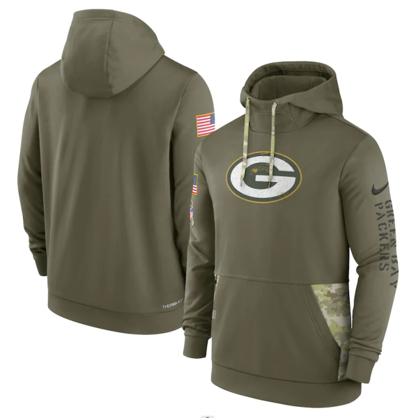 Men's Green Bay Packers 2022 Olive Salute To Service Therma Performance Pullover Hoodie