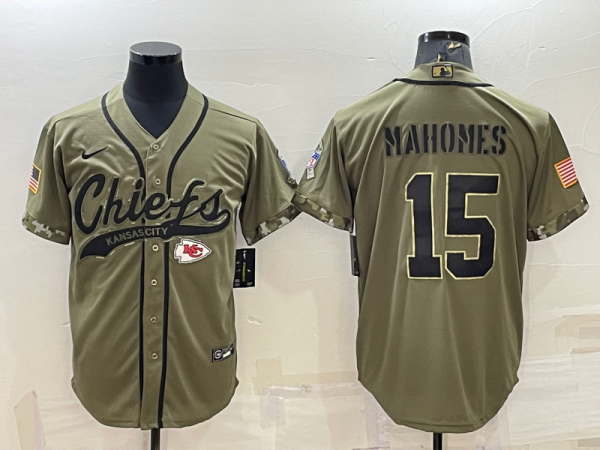 Men's Kansas City Chiefs #15 Patrick Mahomes 2022 Olive Salute To Service Baseball Nike Jersey