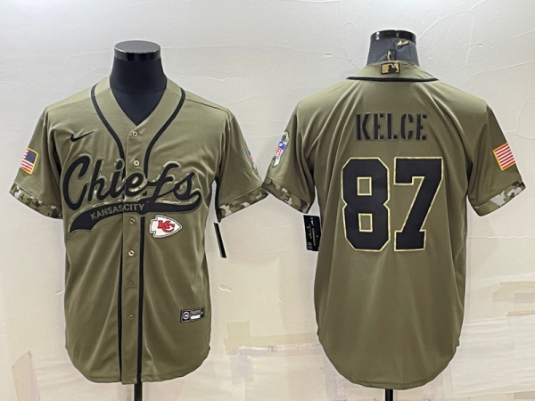 Men's Kansas City Chiefs #87 Travis Kelce 2022 Olive Salute To Service Baseball Nike Jersey