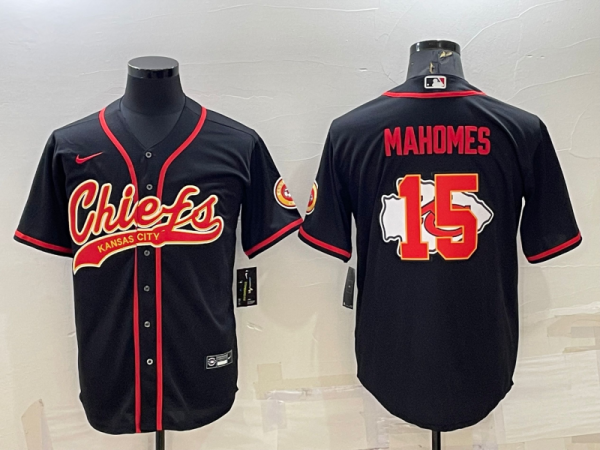 Men's Kansas City Chiefs #15 Patrick Mahomes Black Team Big Logo With Patch Baseball Nike Jersey