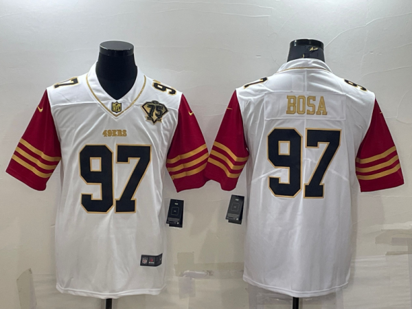 Men's San Francisco 49ers #97 Nick Bosa White Gold With 75th Anniversary Patch Vapor Limited Jersey